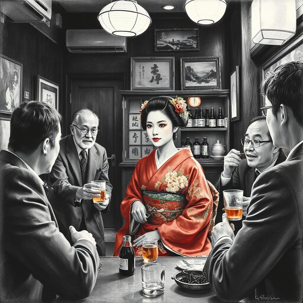 In a cozy izakaya, the air is filled with the clink of sake cups and soft laughter.