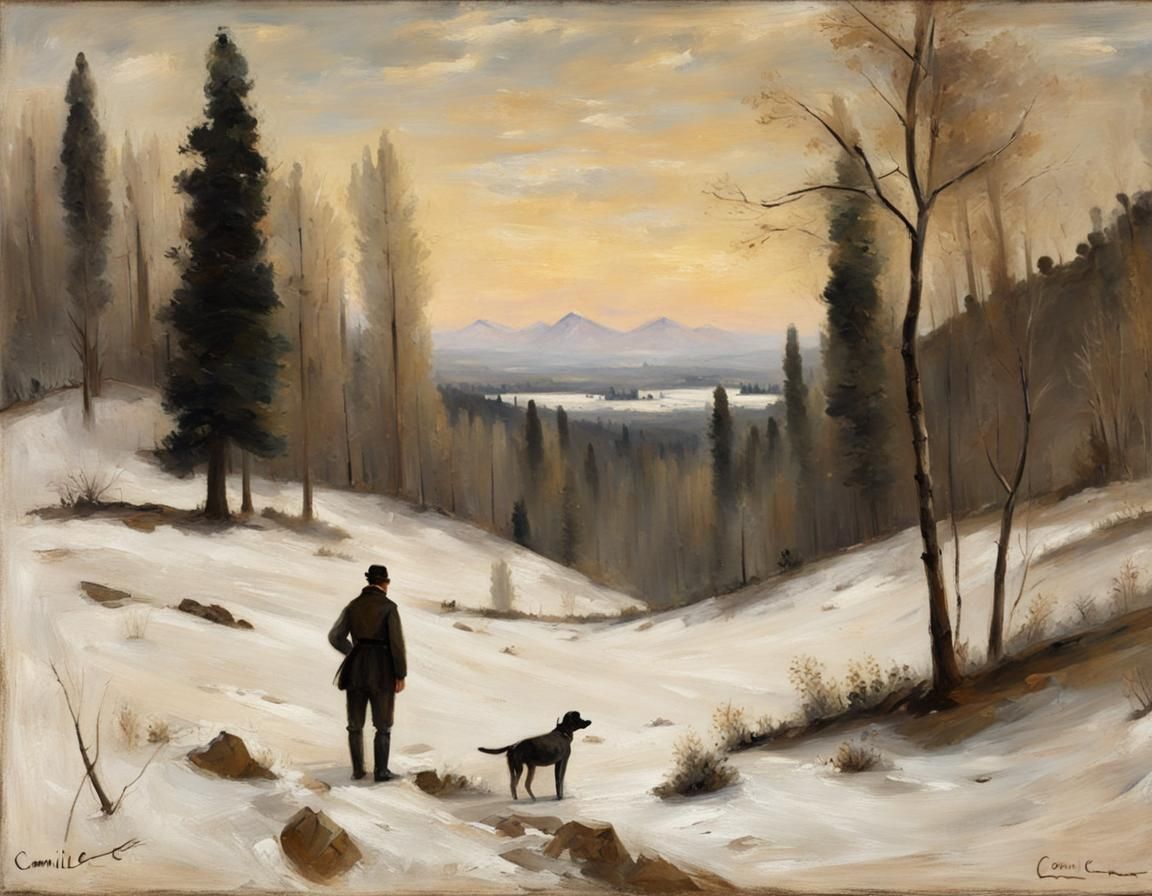 Winter Landscape with Man and Dog: Impressionist Oil Paintin...