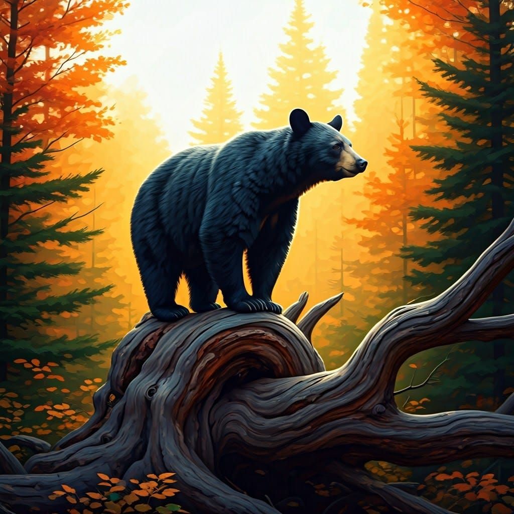 Black Bear on Autumn Tree Trunk in Hyper-Realistic Style