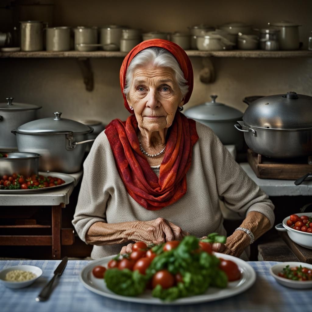 Italian Mother Prepares Family Banquet: Professional Portrai...