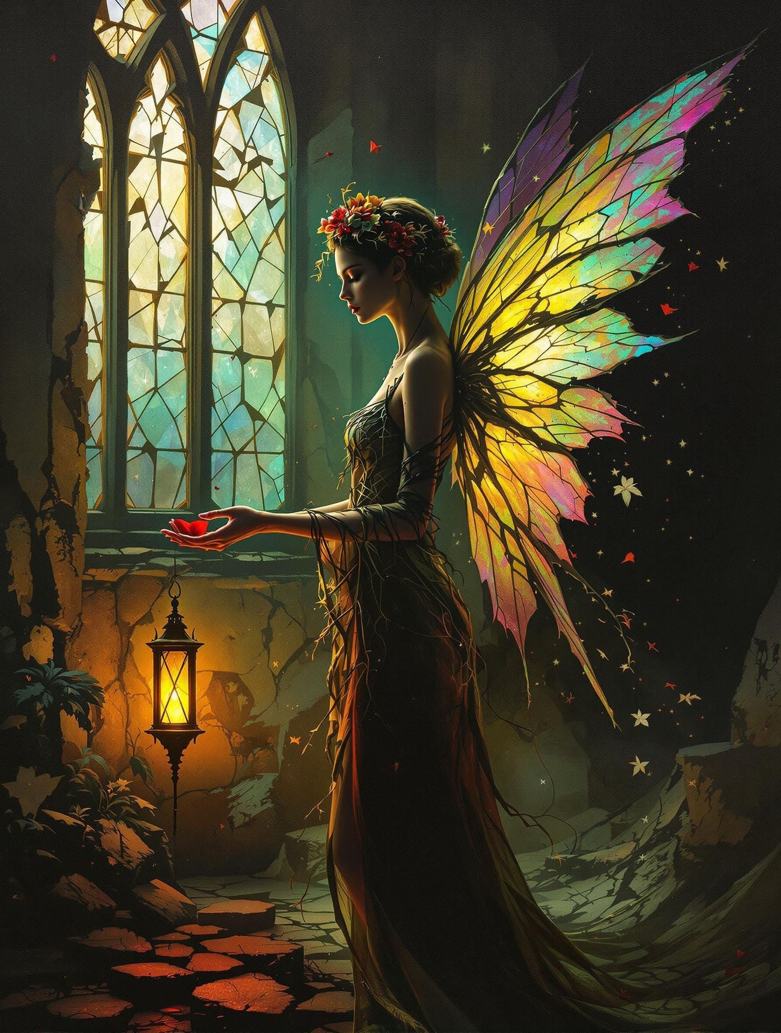 Gothic Fairy in Shattered Stained Glass Window