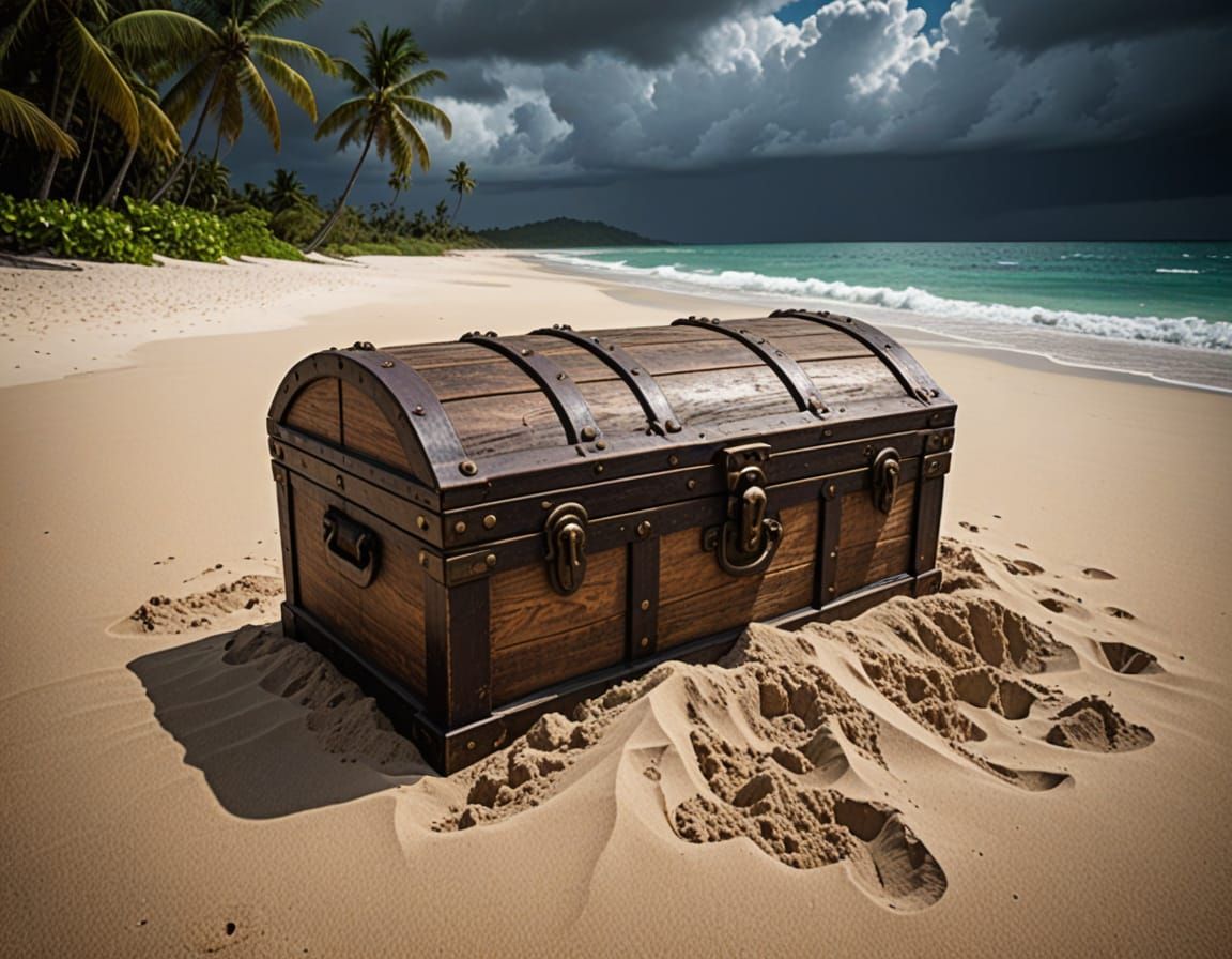 Pirate Treasure Chest Buried on Stormy Beach
