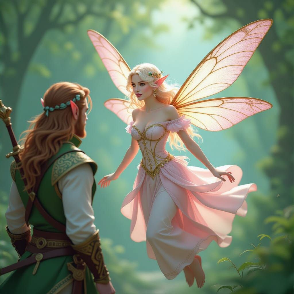 Faerie Escaping Mystic Forest with Elf
