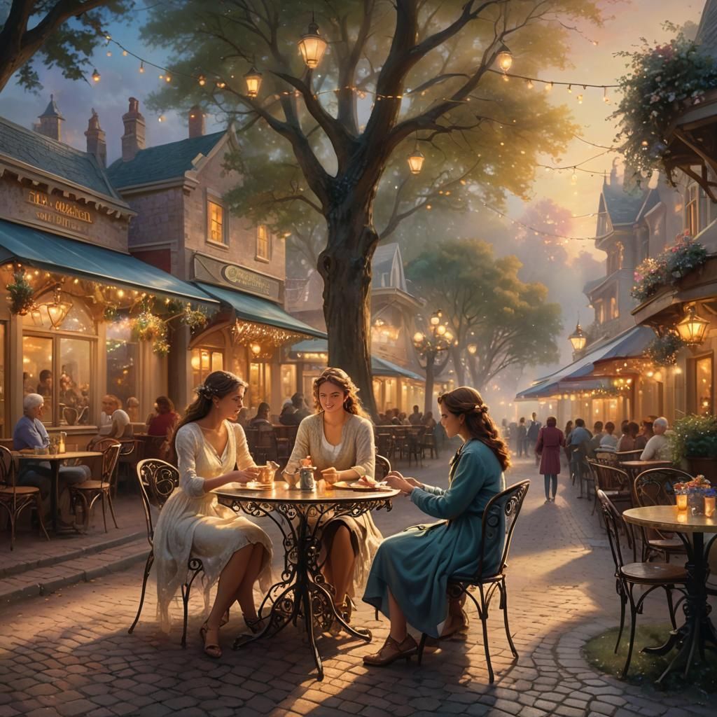 Enchanting Cafe Scene in Romantic Realism Style