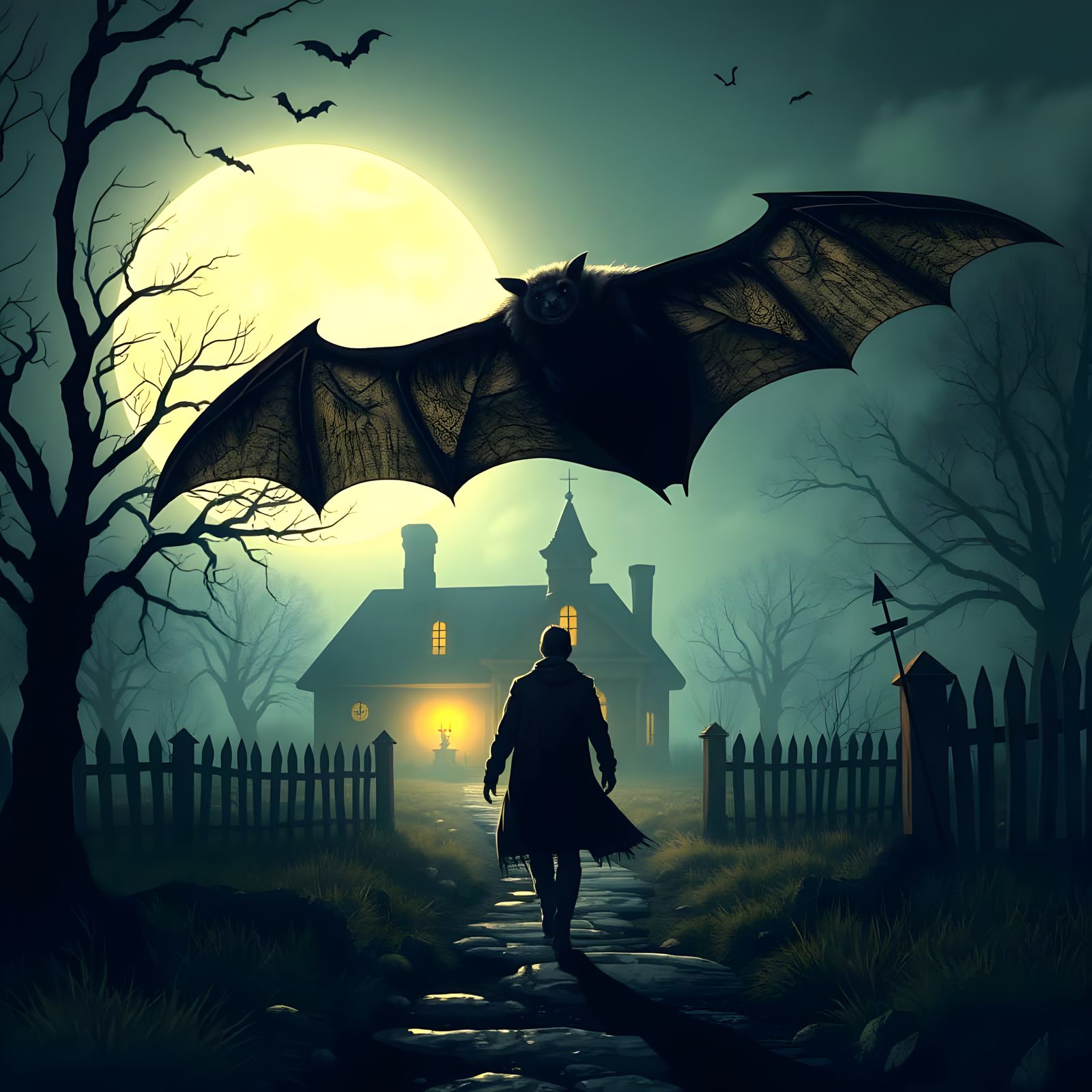 Vampire Bat Haunts a Spooky Moonlit House