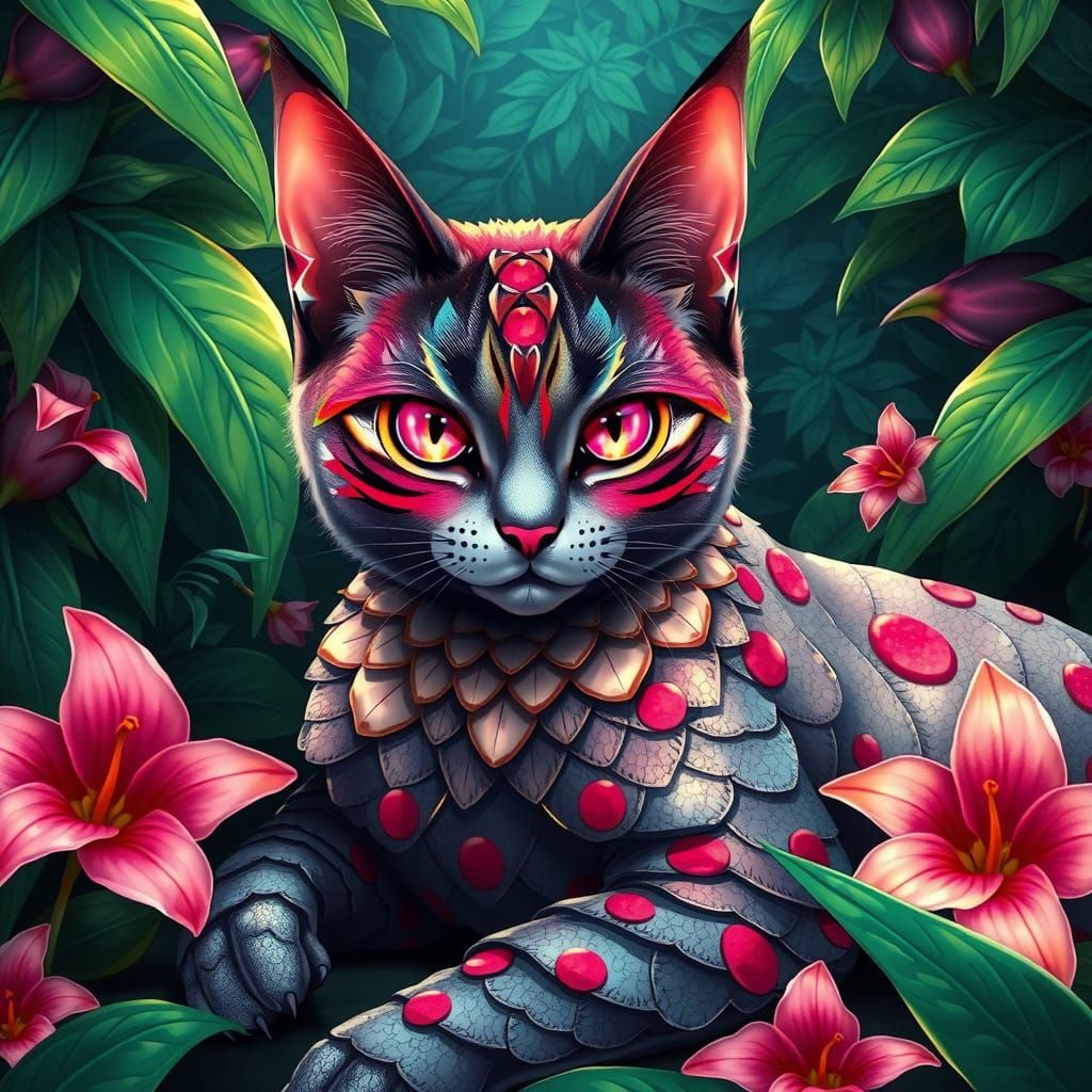 Vibrant Jungle Cat with Iridescent Scales in 3D Anime Style