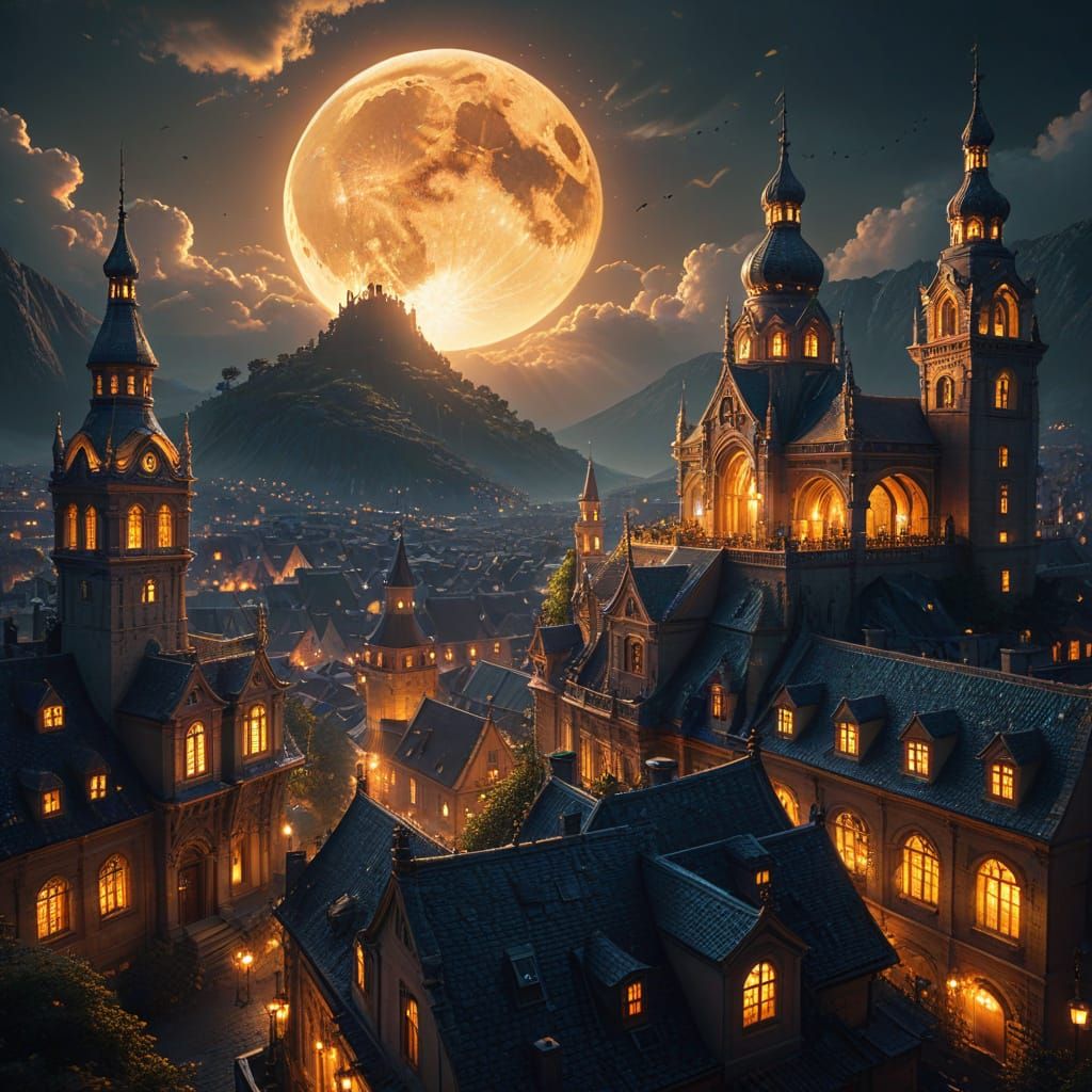 Majestic Fantasy City Under Golden Moon