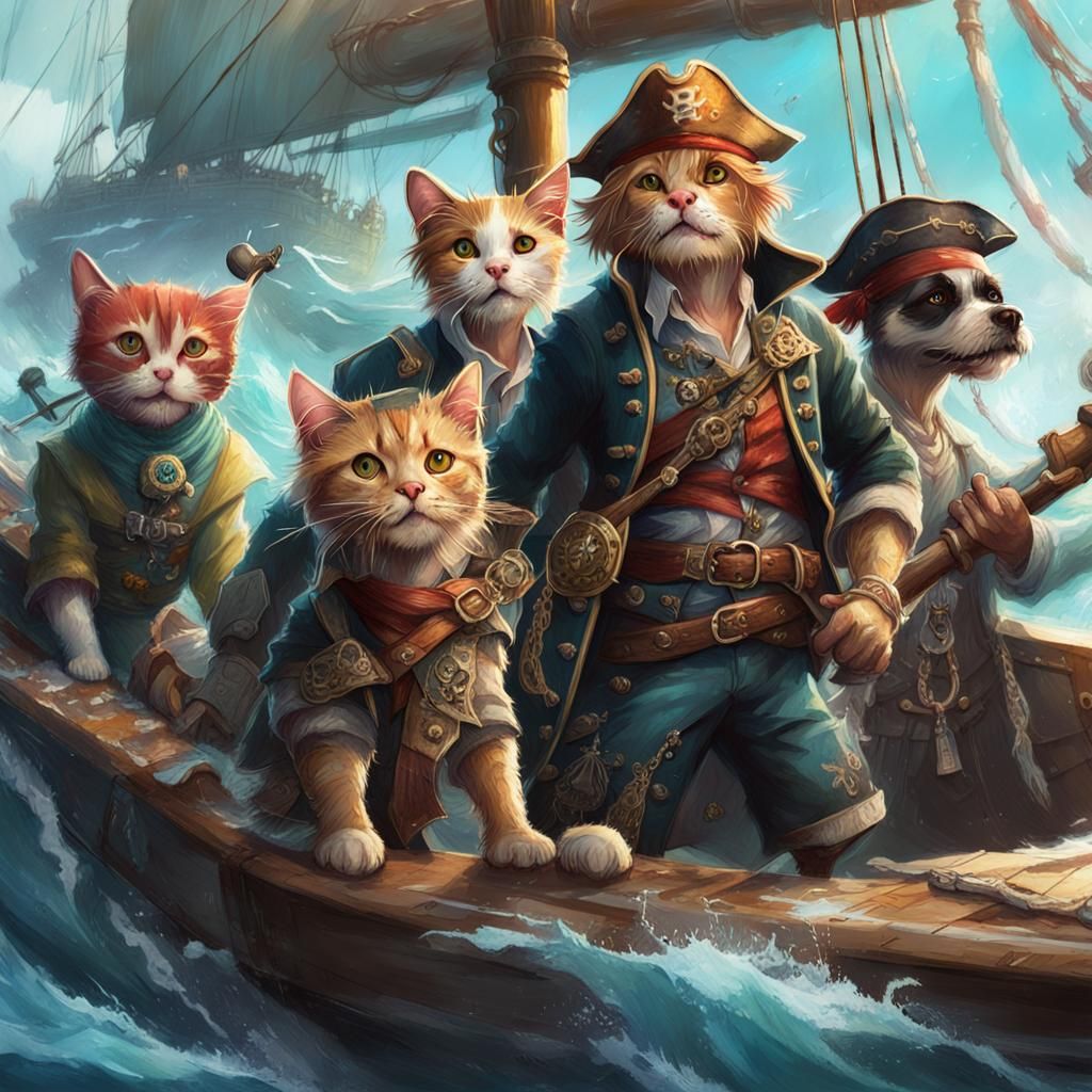 Cat and Dog Pirates Sailing Treacherous Waters
