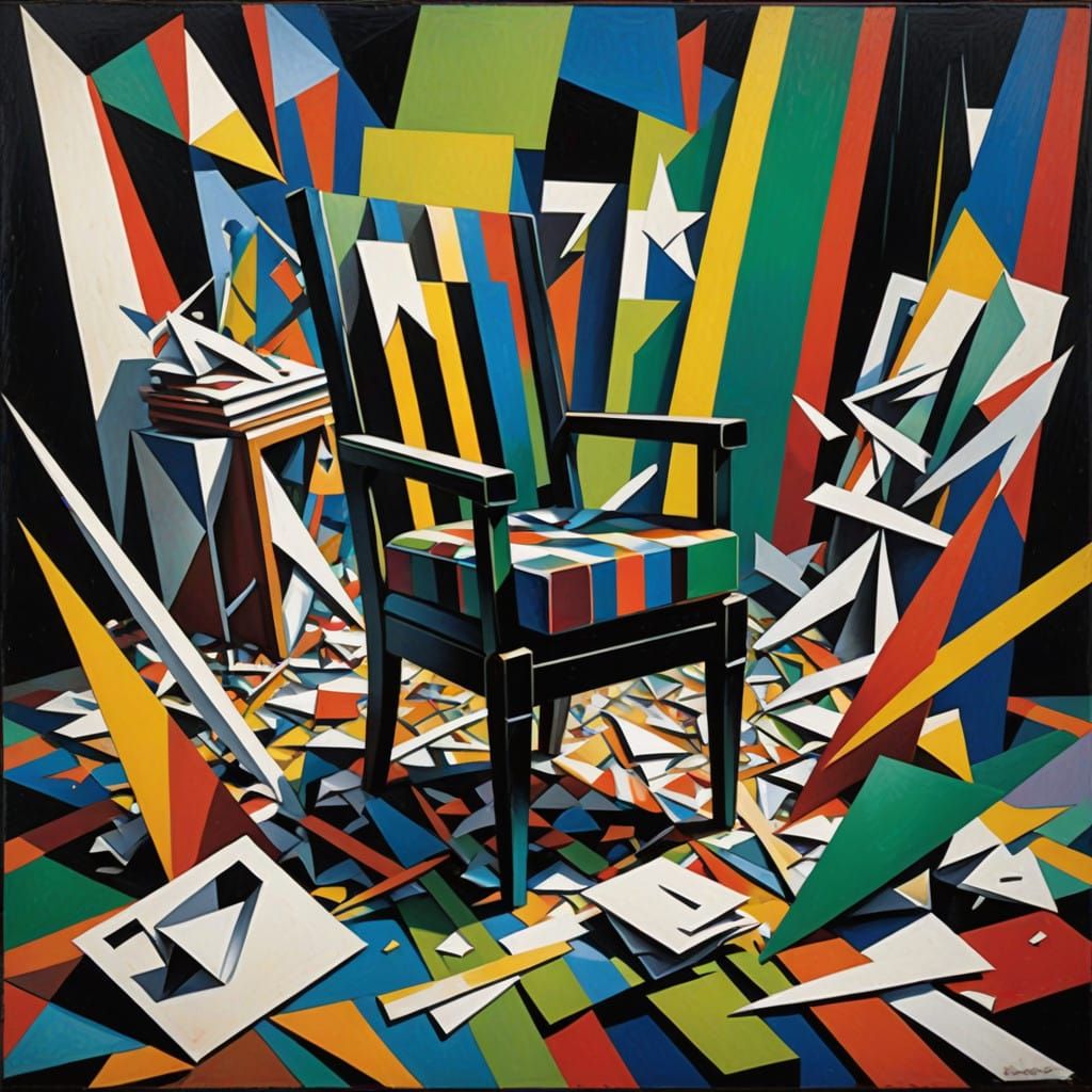 Bar Code Shatters on a Rusty Chair in a Cubist Landscape