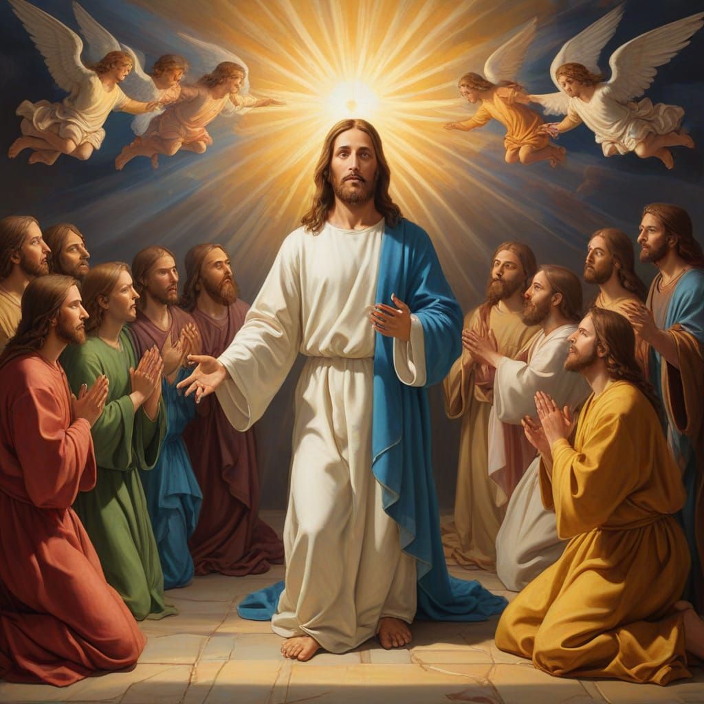 Jesus with Divine Glow and Kneeling Followers in Renaissance...