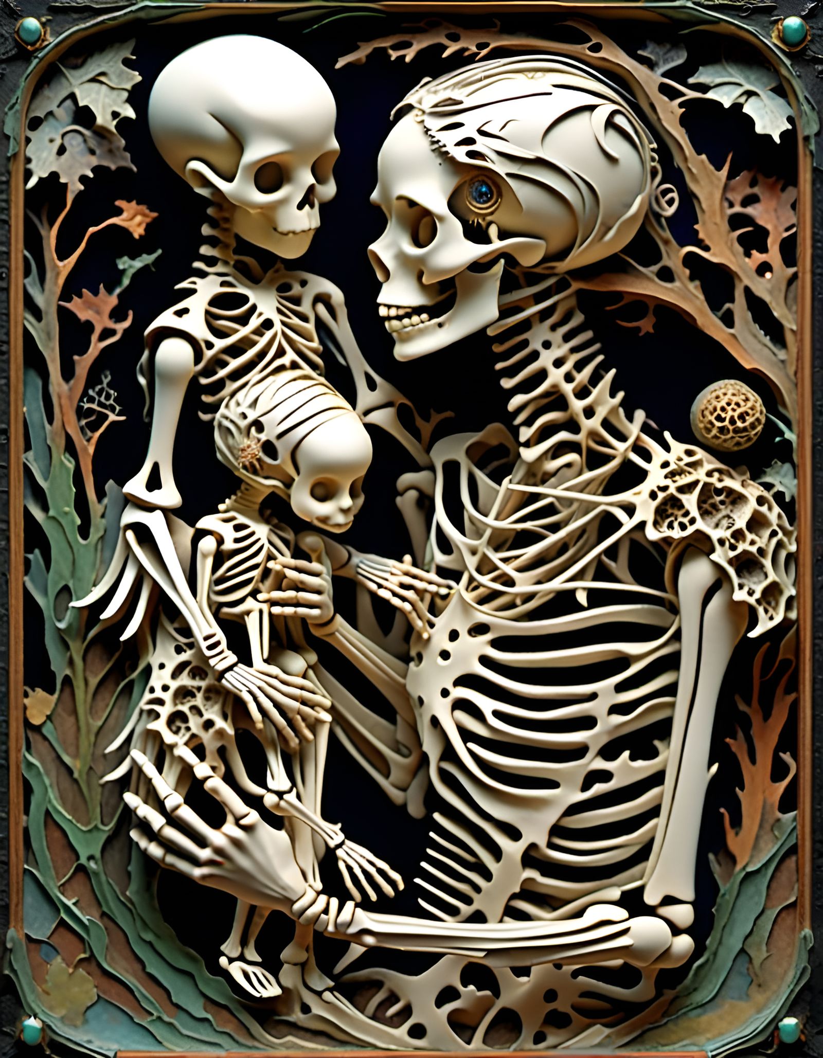 Skeletal Mother and Child in Whimsical Style