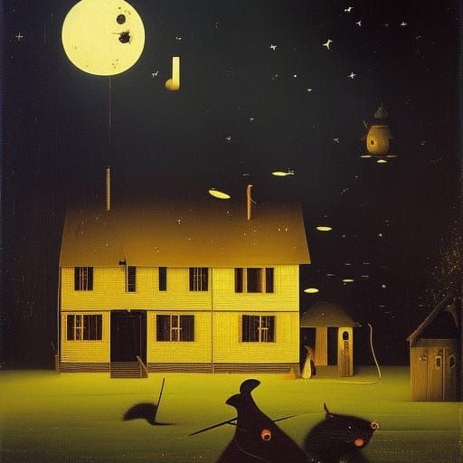 Surreal Mice Threaten House in Deep Night Sky