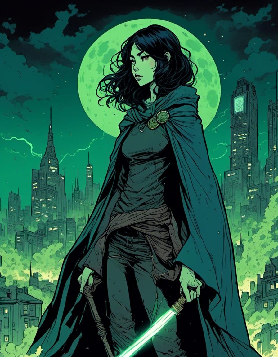 Dark Witch on Rooftop in Manga Aesthetic