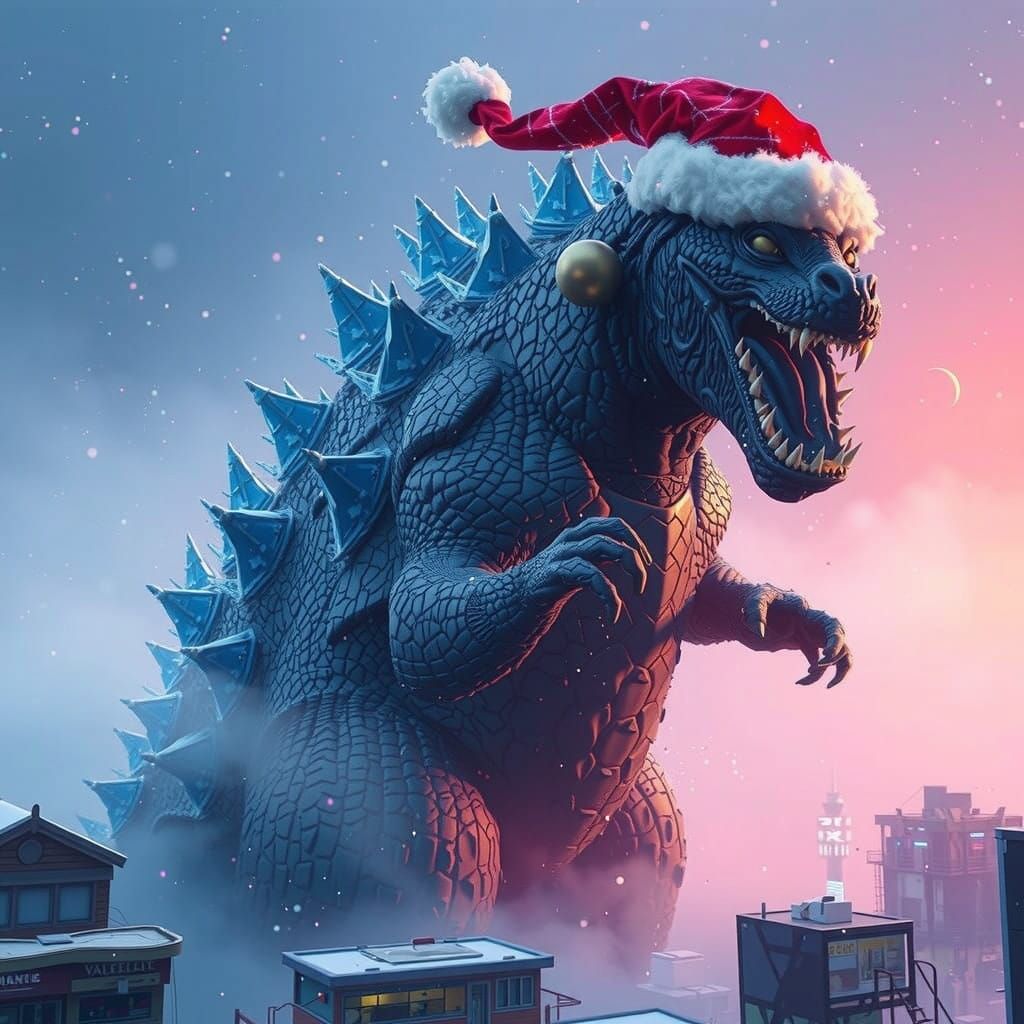 Godzilla in a Festive Tokyo Cityscape, in a Dystopian Futuri...