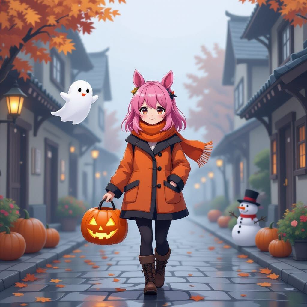 Anime Girl with Horse Ears in Foggy Medieval Town