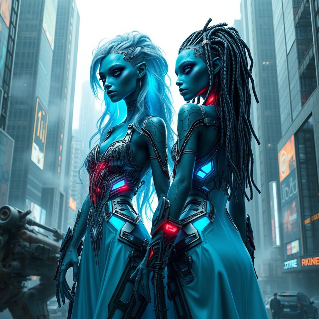 Radiant Blue Alien Women in Cyberpunk Metropolis