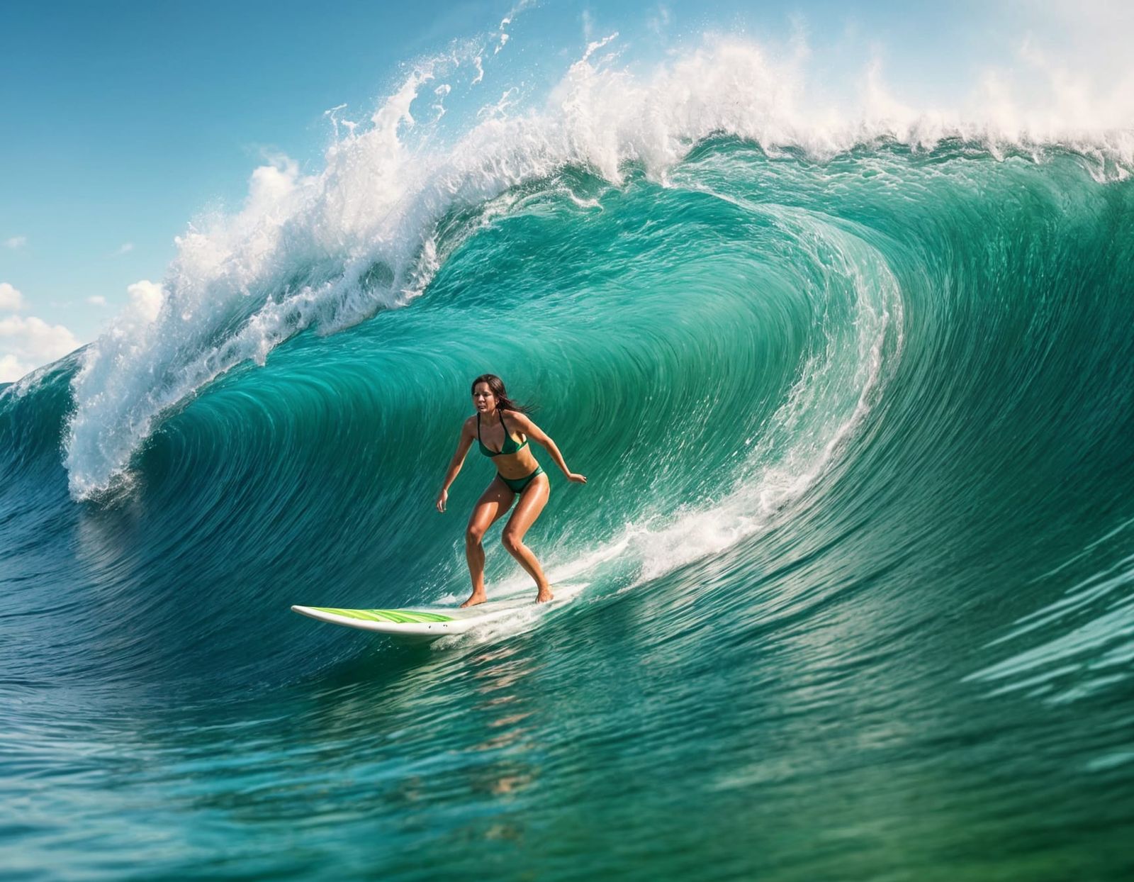 Surfer Goddess Rides Green Wave