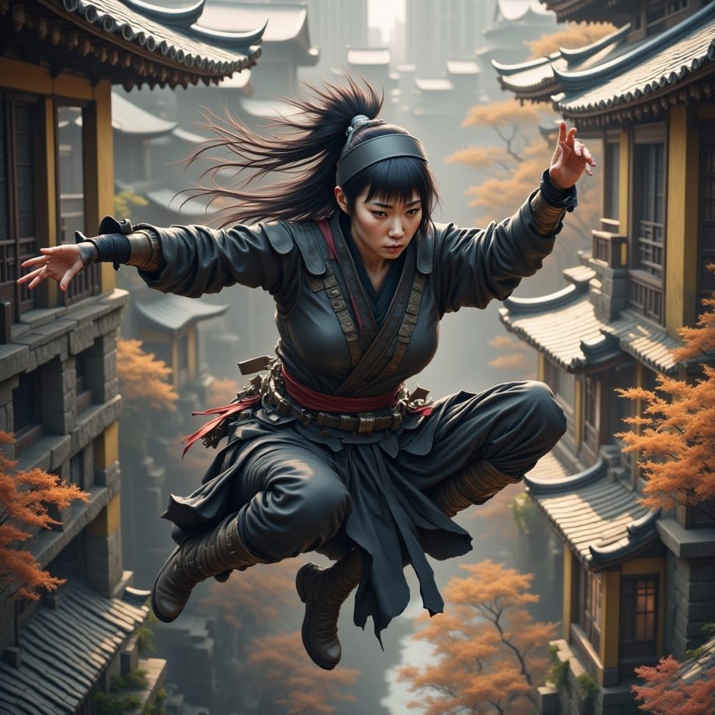 Fierce Female Ninja Leaping from Ancient Japanese Housetop