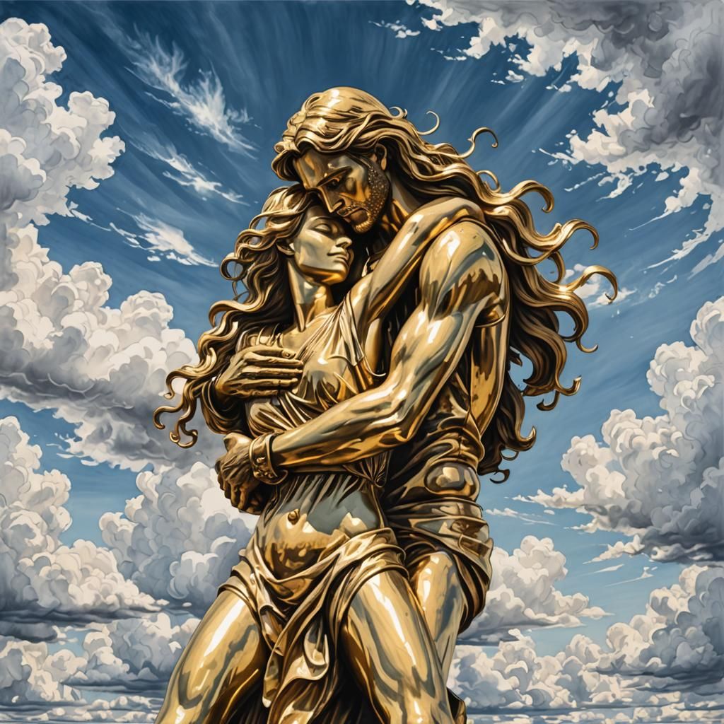 Golden Couple Statue in Ink Drawing