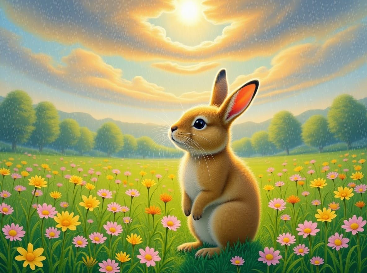 Rabbit in Summer Rain: Impressionistic Floral Meadow