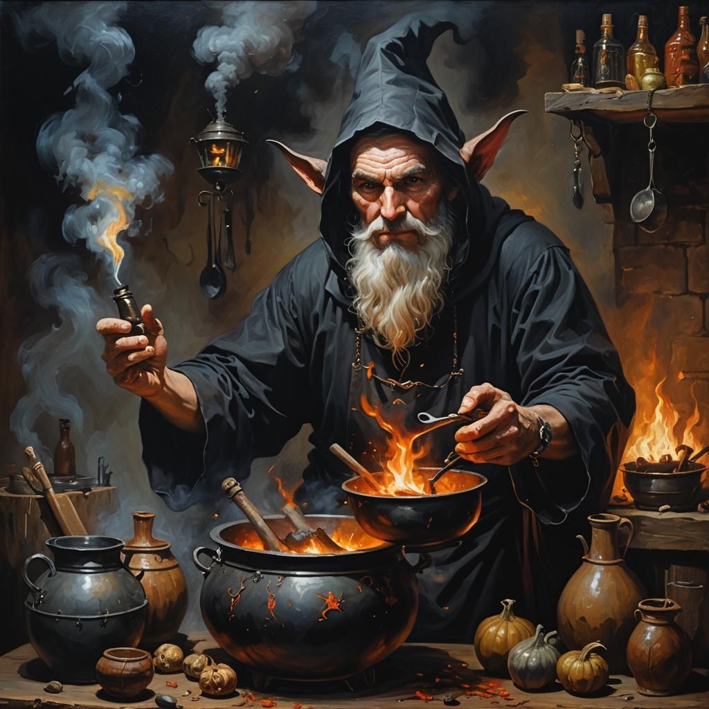 Malignant Sorcerer Brews Potion in Dark Oil Painting