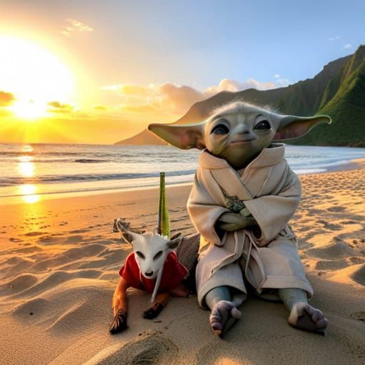 BABY YODA DOING YOGA POSTURE WITH A BABY GOAT