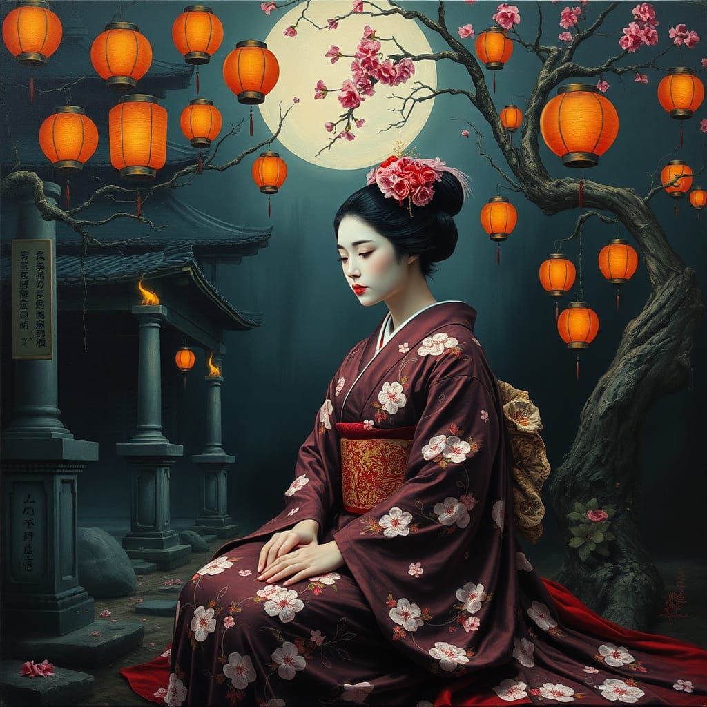 Surreal Mourning Geisha in Dreamlike Japanese Setting