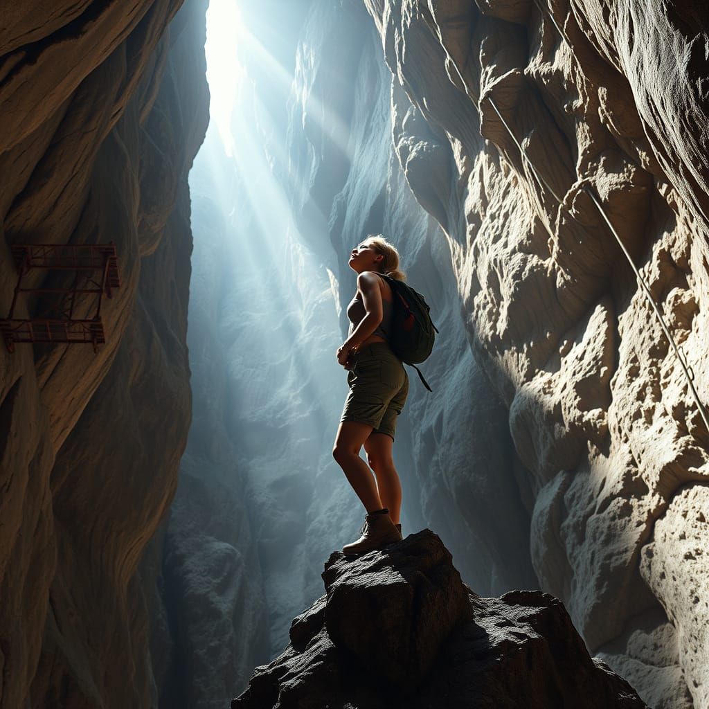 Hiker in Towering Cavern with Sunlight, Editorial Style