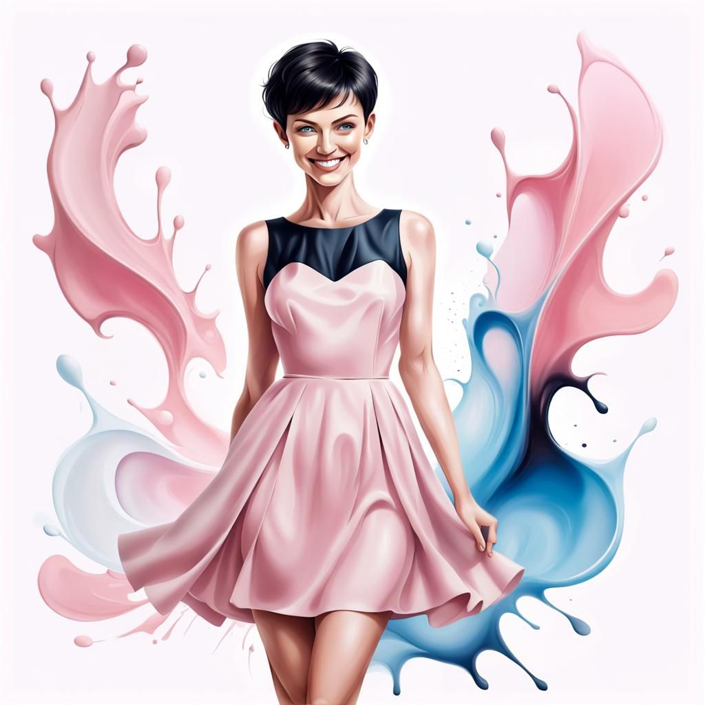 Airbrush Illustration of a Smiling Woman in Pink Dress