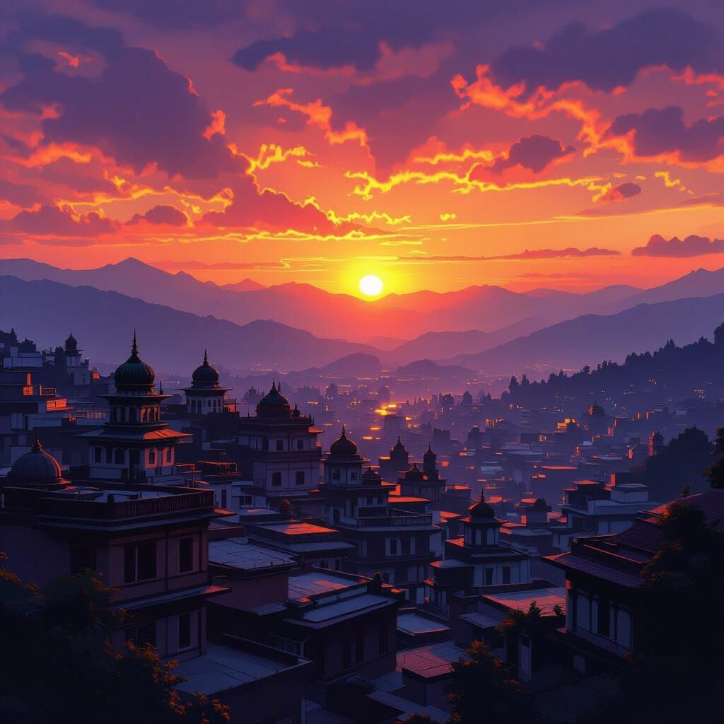 Cinematic Sunset Over Almora City Digital Painting