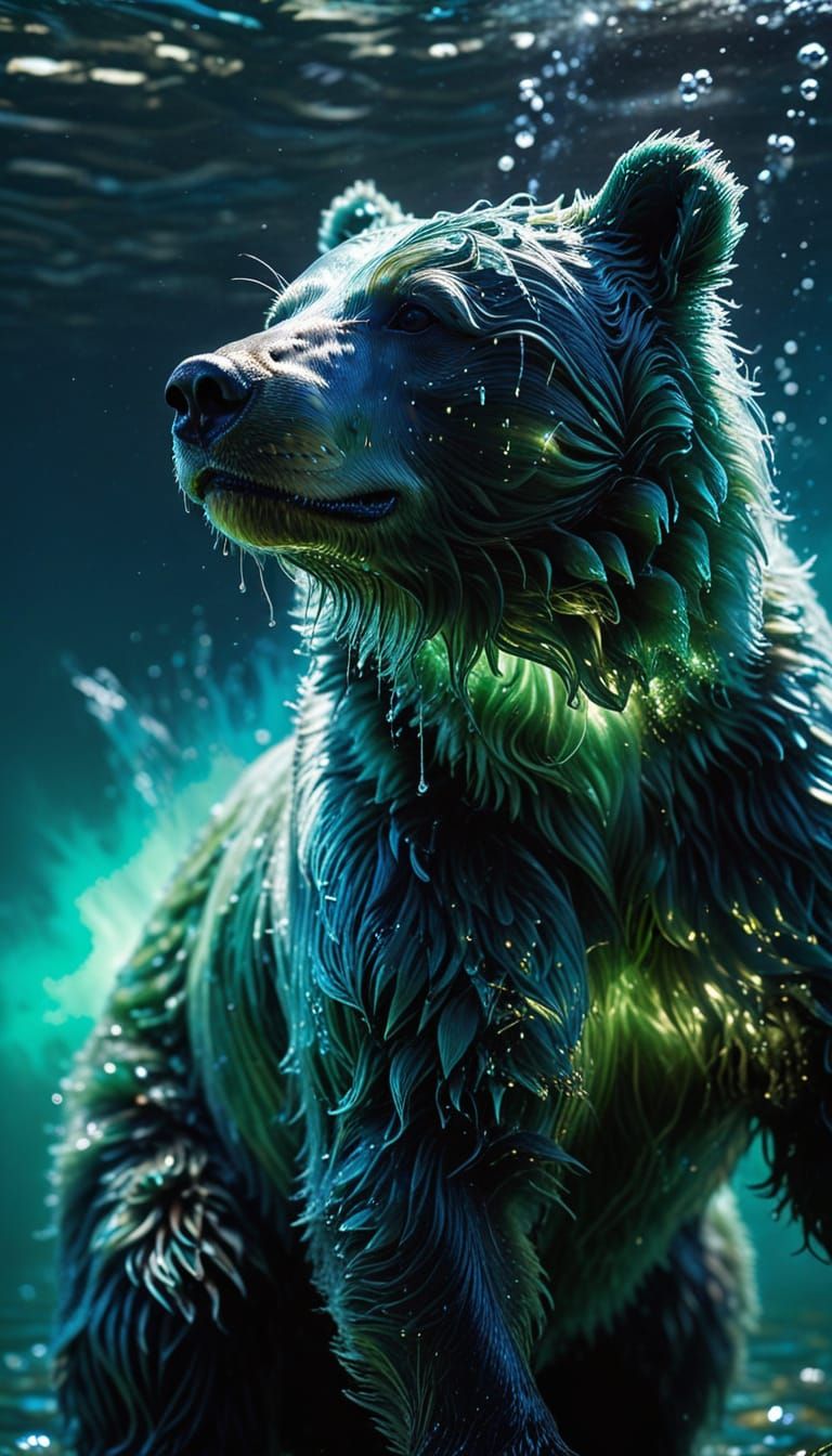 Ethereal Bear Silhouette in Turbulent Water and Light