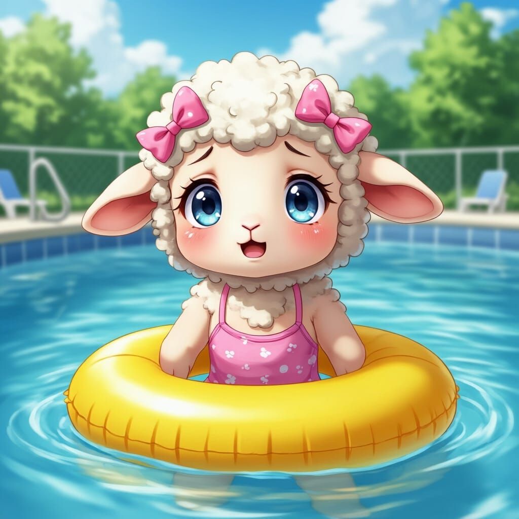 Anime Lamb's First Swimming Lesson