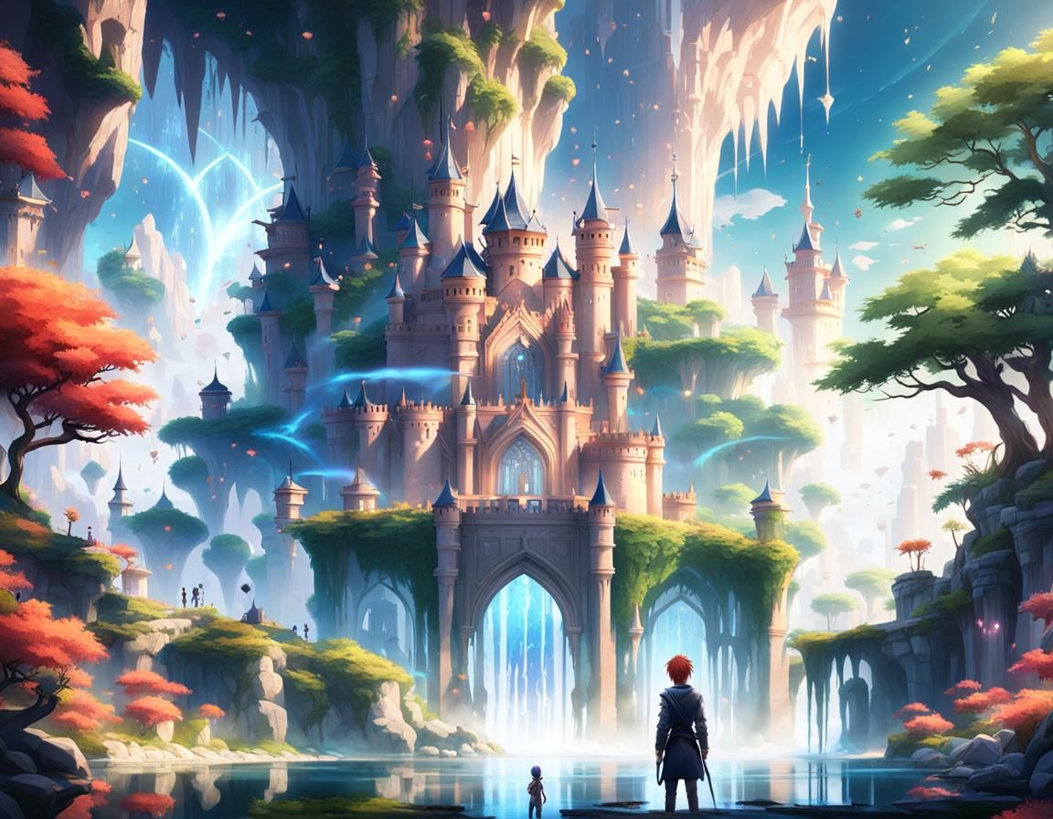 Boy Gazing at Magical Sky Castle in Anime Style
