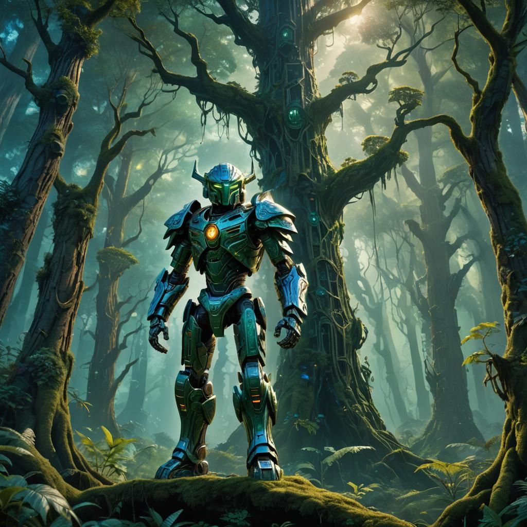 Bionicle Warrior in Mystical Forest, Art Nouveau Style
