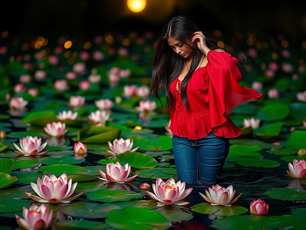 Ethereal Beauty Among Lotus Flowers in Moonlit Serenity