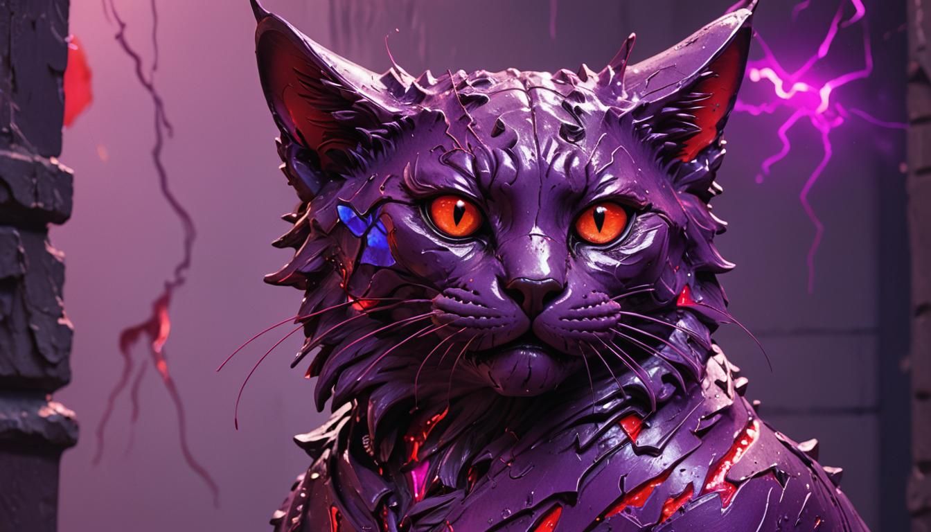 Cracked Cat Statue with Neon Aura in Fantasy Art