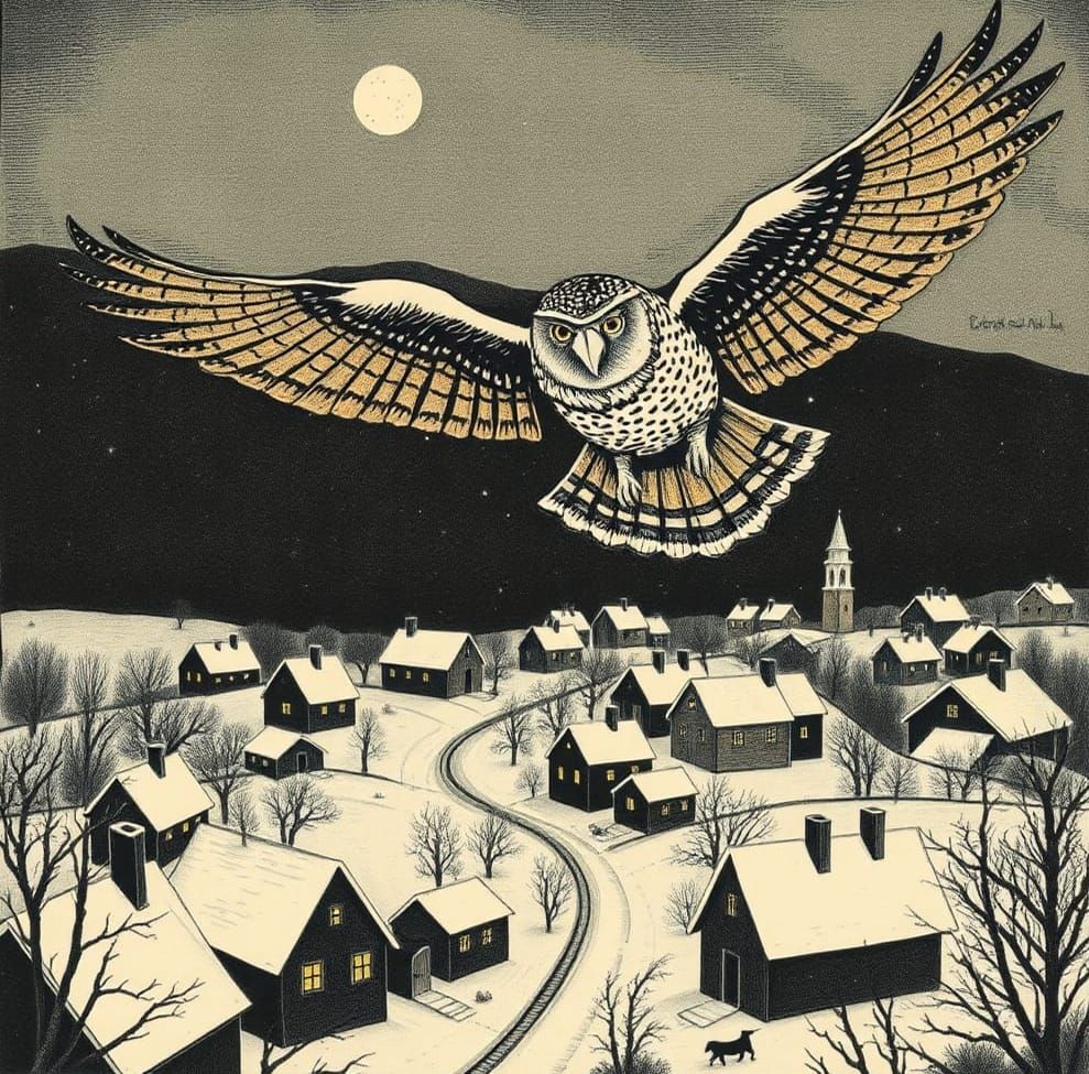 Owl Flying Over Snowy Town: Woodcut Folk Art