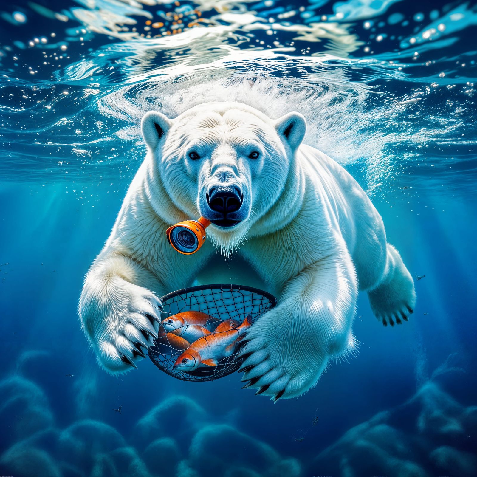 Polar Bear Salmon Fishing: Hyperrealistic Underwater Scene