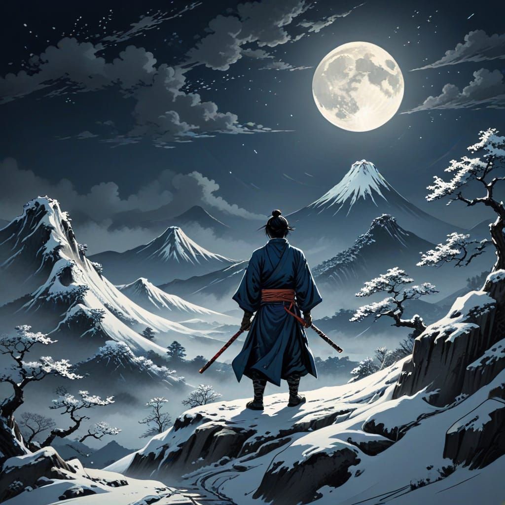 Samurai on Snowy Peak in Japanese Woodblock Style