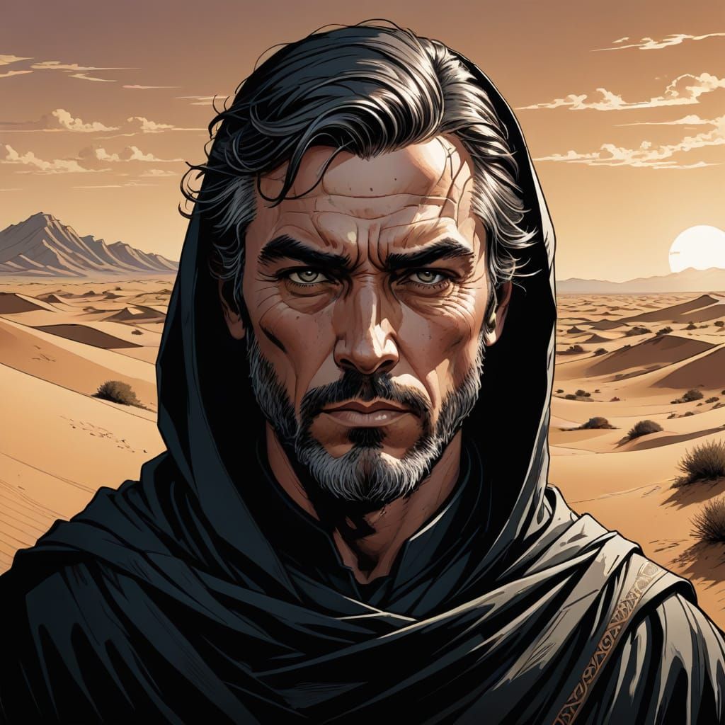 Determined Lawrence in Desert Attire, Ink Illustration