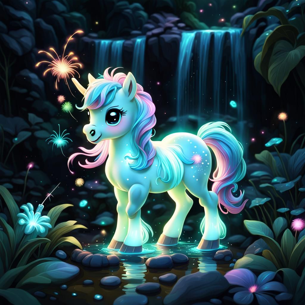 Bioluminescent Chibi Pony with Waterfall in Candy Art Style