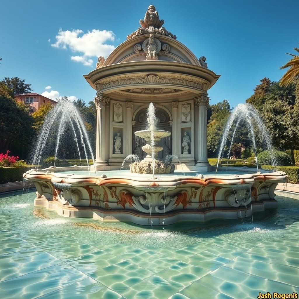 Majestic Fountain in Lush Garden, Digital Art