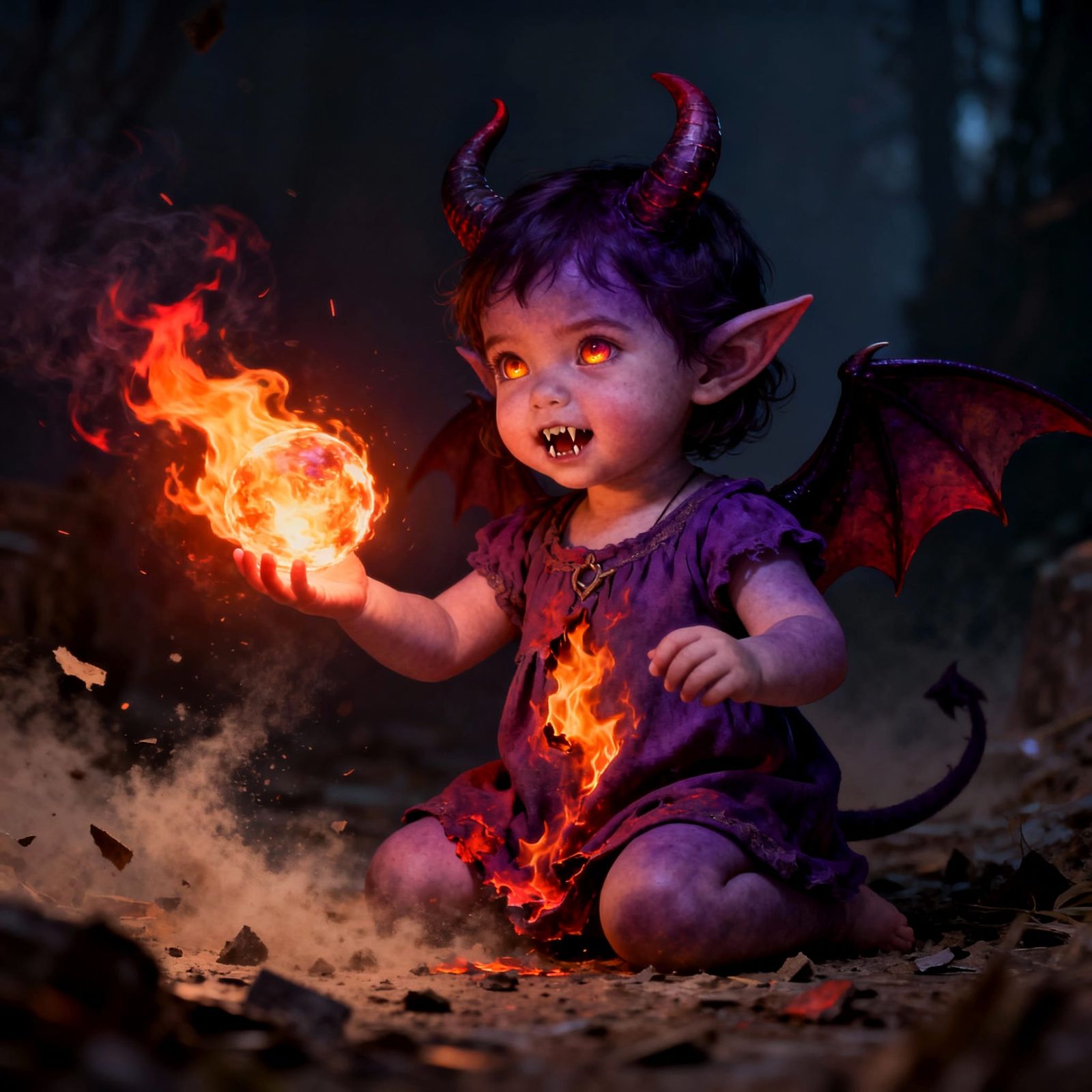 Toddler Tiefling Conjuring Fire Near Elf Child