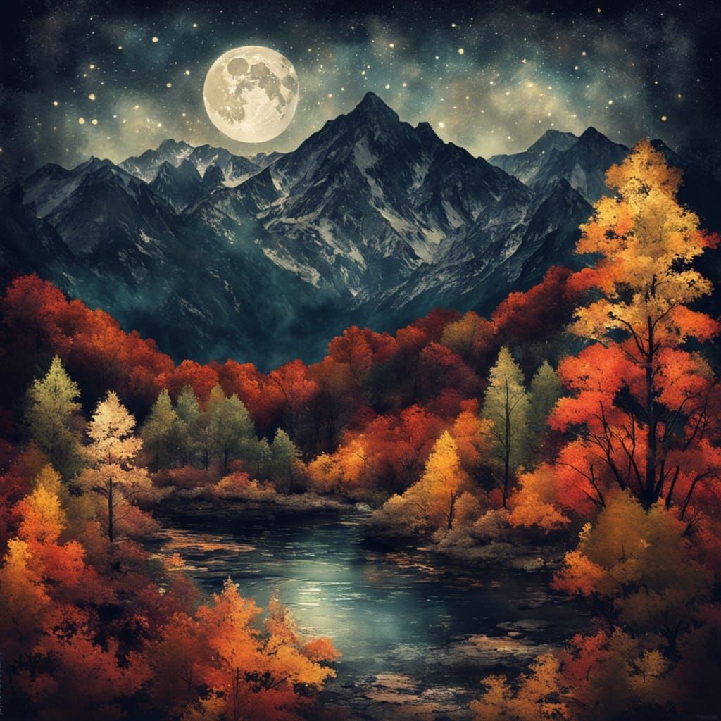 Vibrant Autumn Forest Painting at Midnight