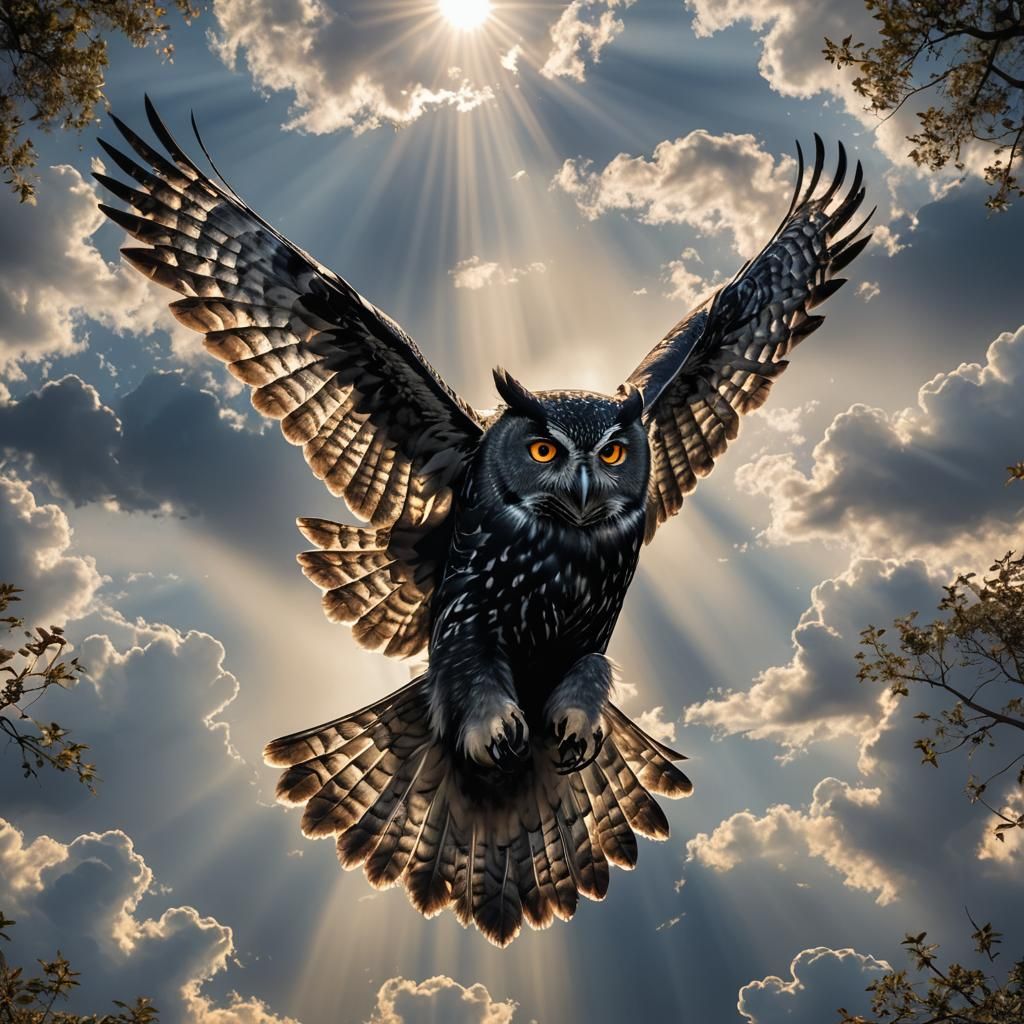 Glowing Silver Owl in Divine Sunshine