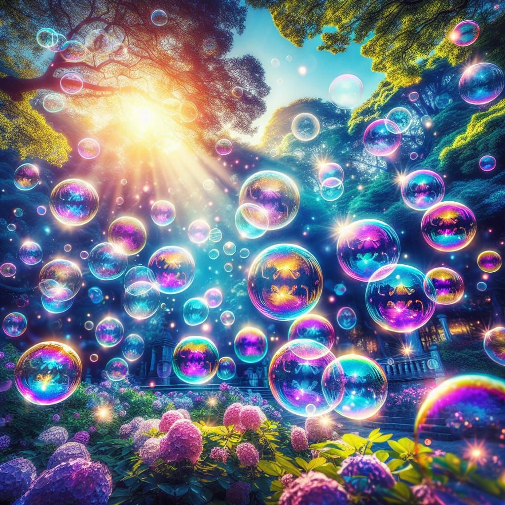 Colorful Bubbles Float in a Sunny Green Park