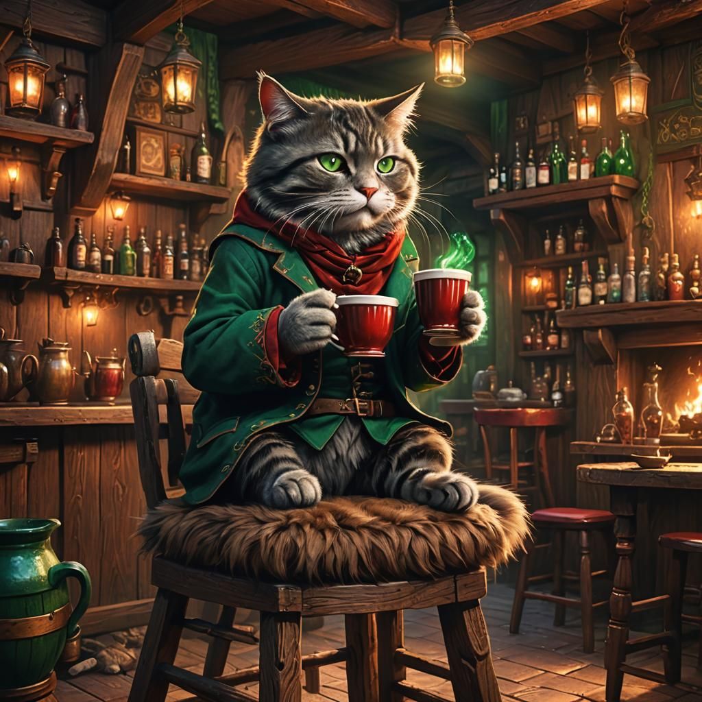 Drunken Cat in Tavern, Matte Painting Style