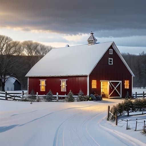 Winter Farmhouse Scene with Christmas Decorations