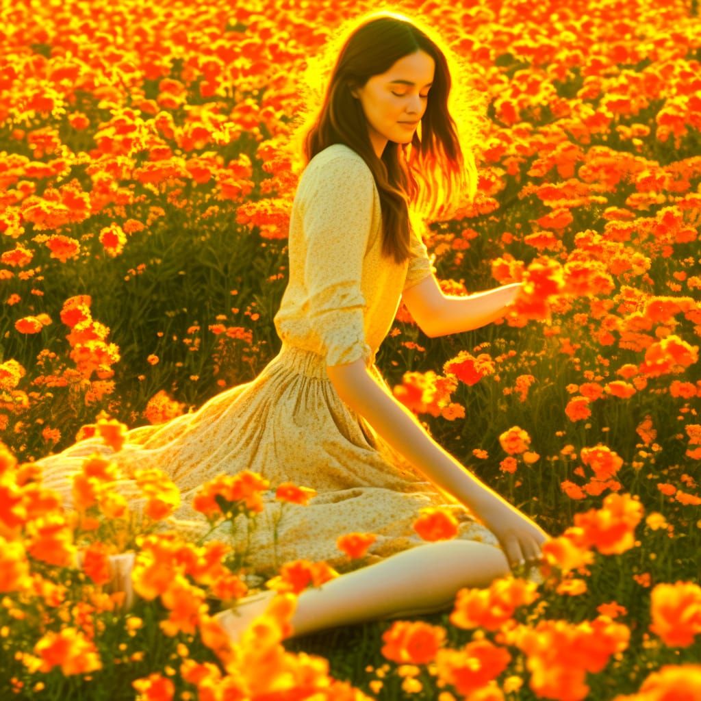 Woman Relaxing in Flower Field at Sunset