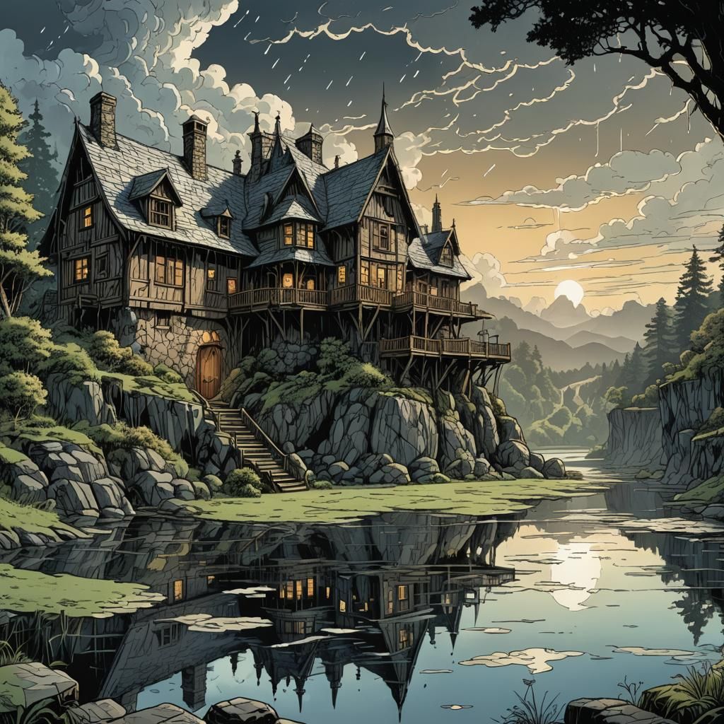 Panoramic Cliff View with Intricate Clouds in Retro Style